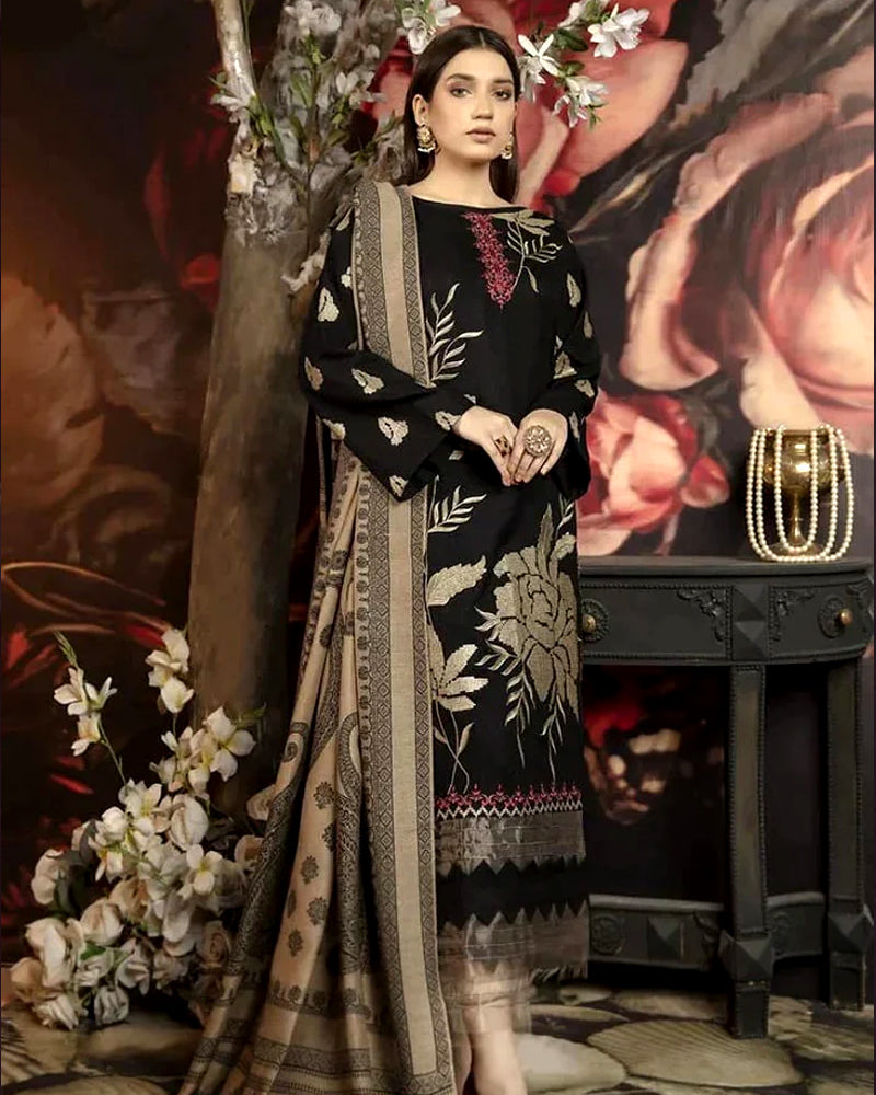 Dhanak Embroidered 3-Piece Suit with Wool Shawl