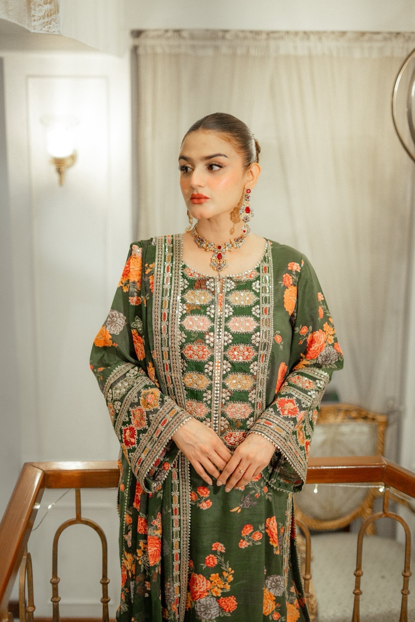 5PC Digital Printed Suit with Embroidery