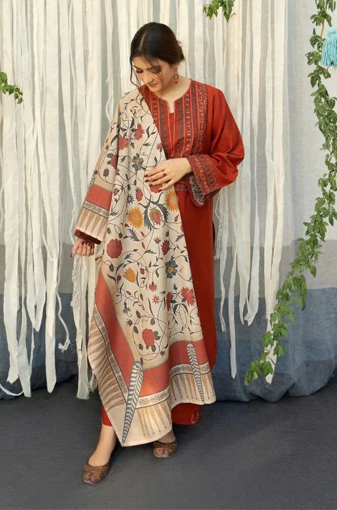 Dhanak Embroidered 3-Piece with Wool Shawl