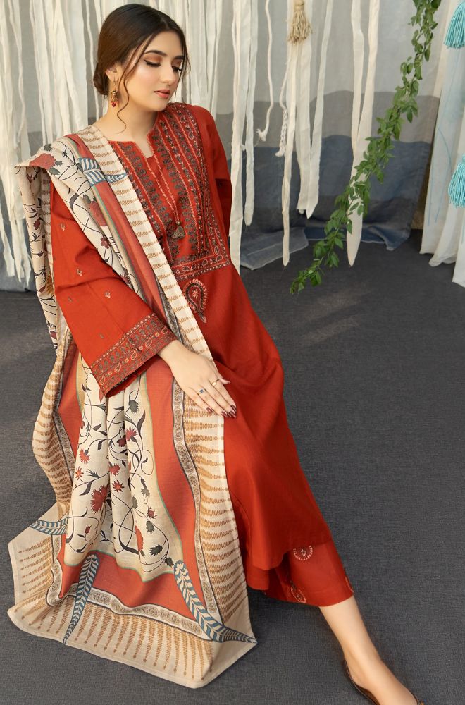 Dhanak Embroidered 3-Piece with Wool Shawl