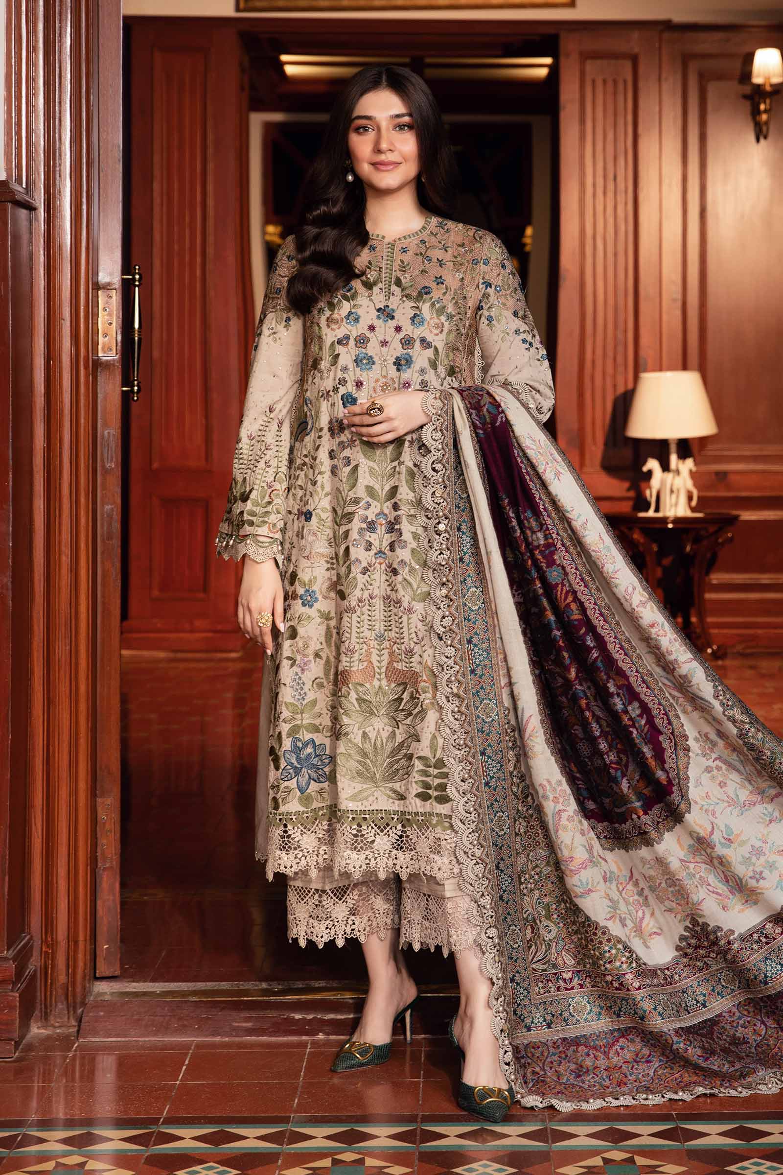 Premium 3PC Dhanak Suit with Full Heavy Embroidery & Digital Wool Shawl