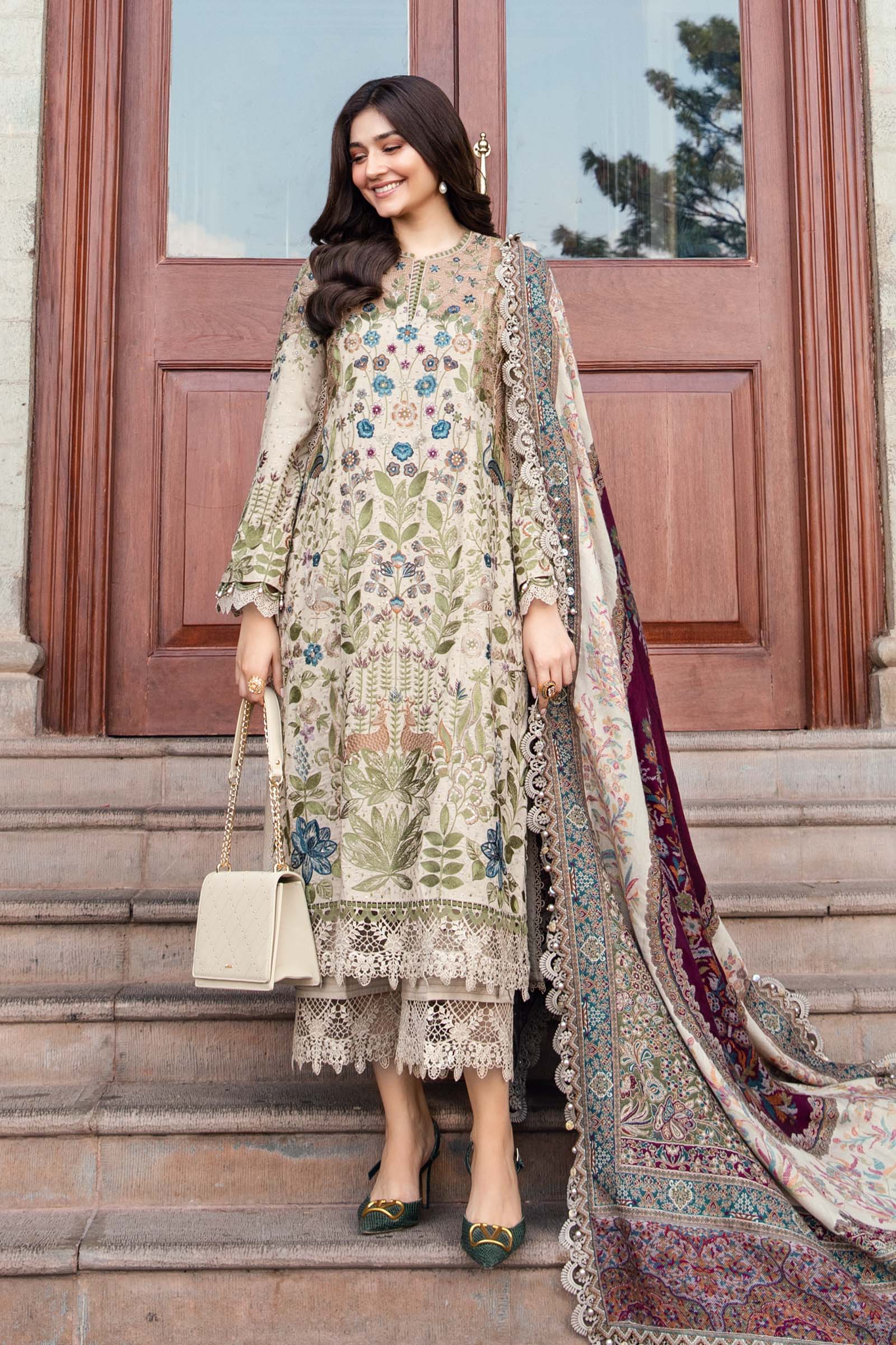 Premium 3PC Dhanak Suit with Full Heavy Embroidery & Digital Wool Shawl