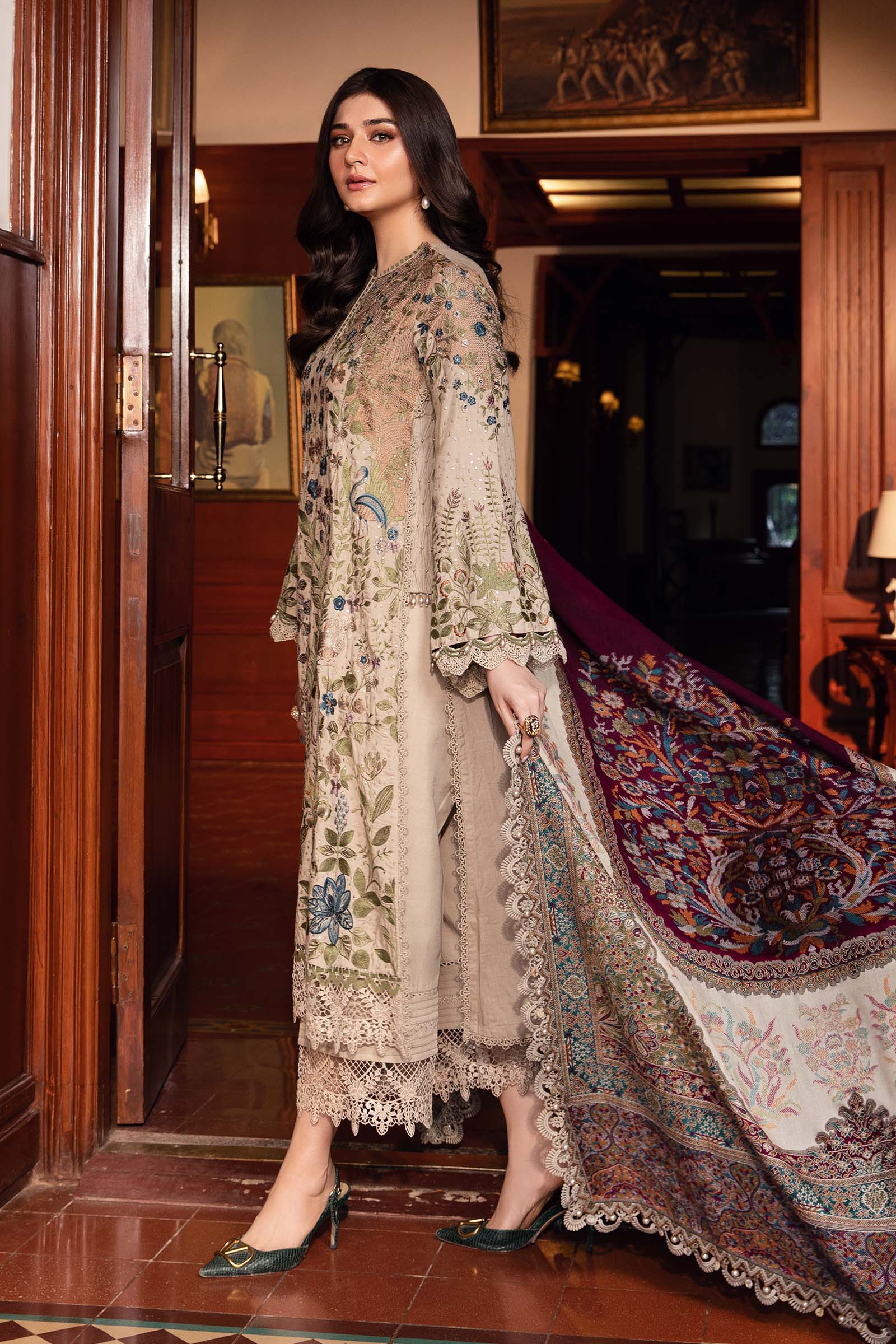 Premium 3PC Dhanak Suit with Full Heavy Embroidery & Digital Wool Shawl