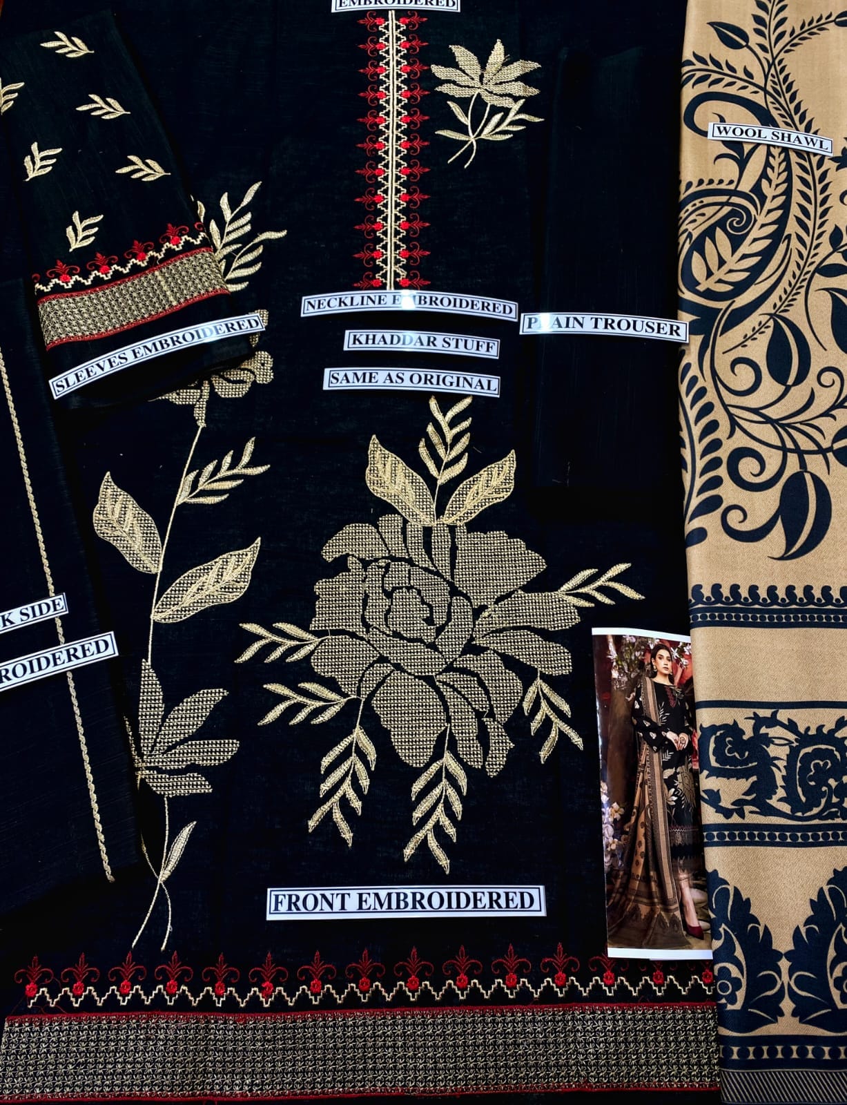 Dhanak Embroidered 3-Piece Suit with Wool Shawl