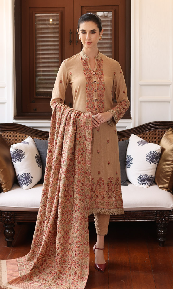Luxury Dhanak Embroidered 3-Piece Suit with Heavy Shawl