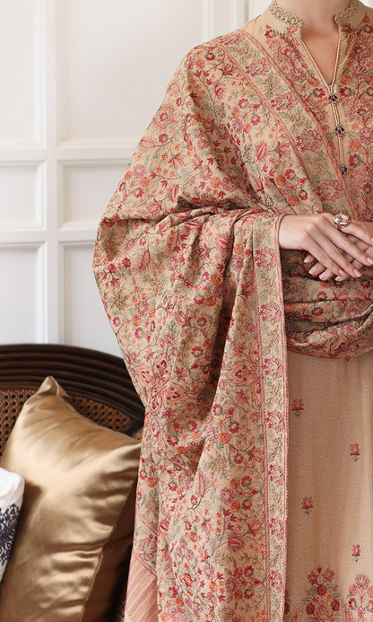 Luxury Dhanak Embroidered 3-Piece Suit with Heavy Shawl