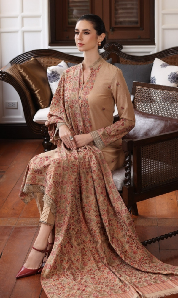Luxury Dhanak Embroidered 3-Piece Suit with Heavy Shawl