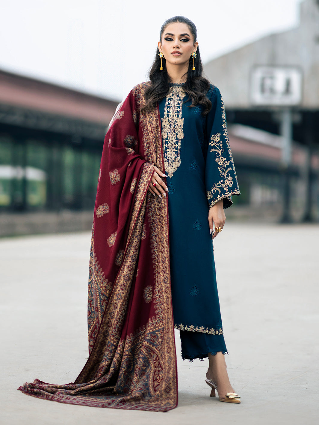 Premium 3PC Dhanak Suit with Heavy Embroidery & Digital Wool Shawl
