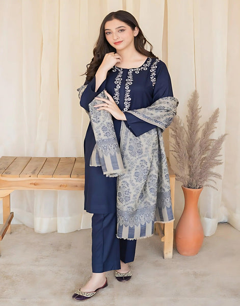 Dhanak Embroidered 3-Piece with Digital Wool Shawl