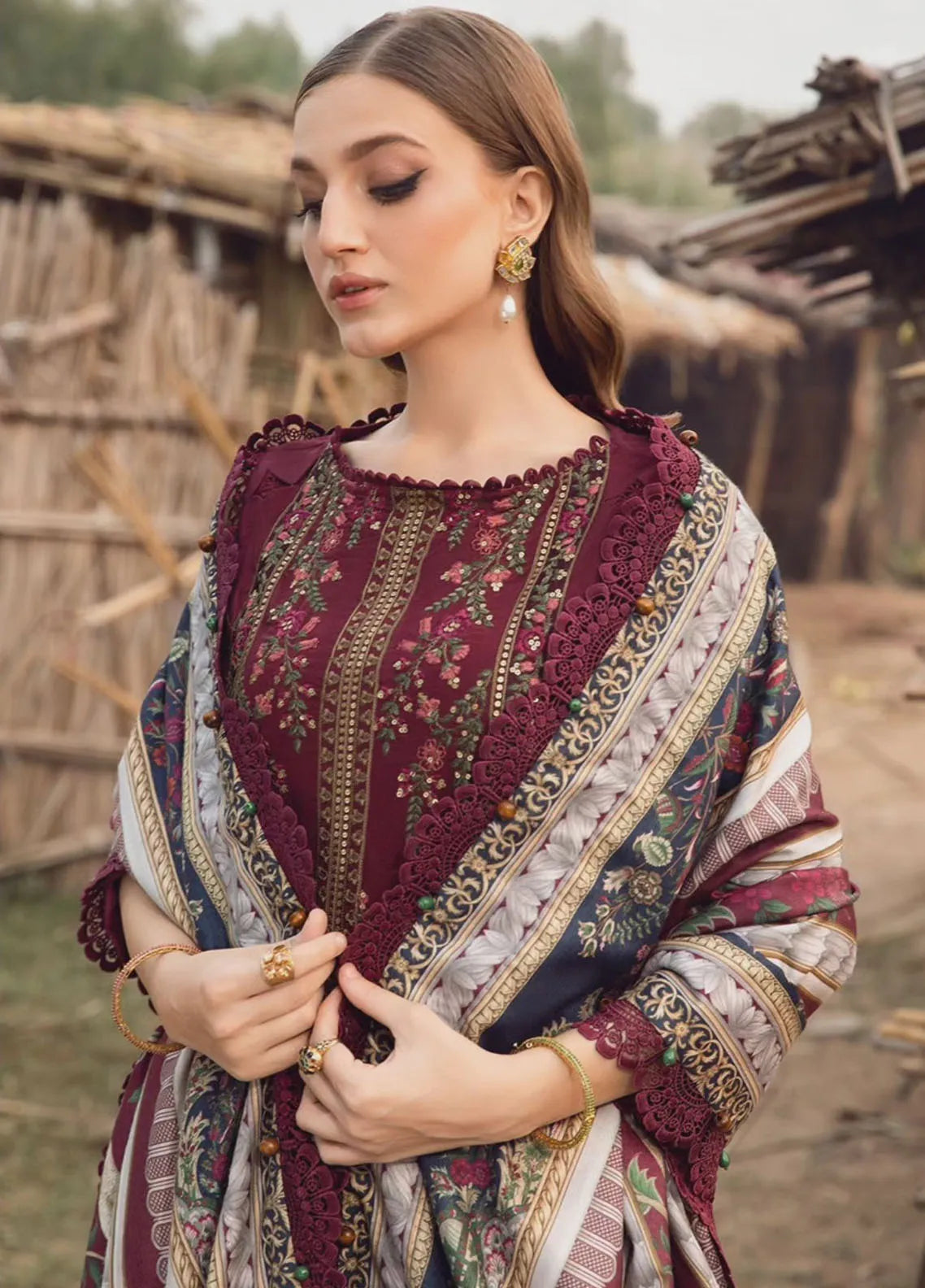 Premium 3PC Dhanak Suit with Full Heavy Embroidery & Digital Wool Shawl – Winter 2025